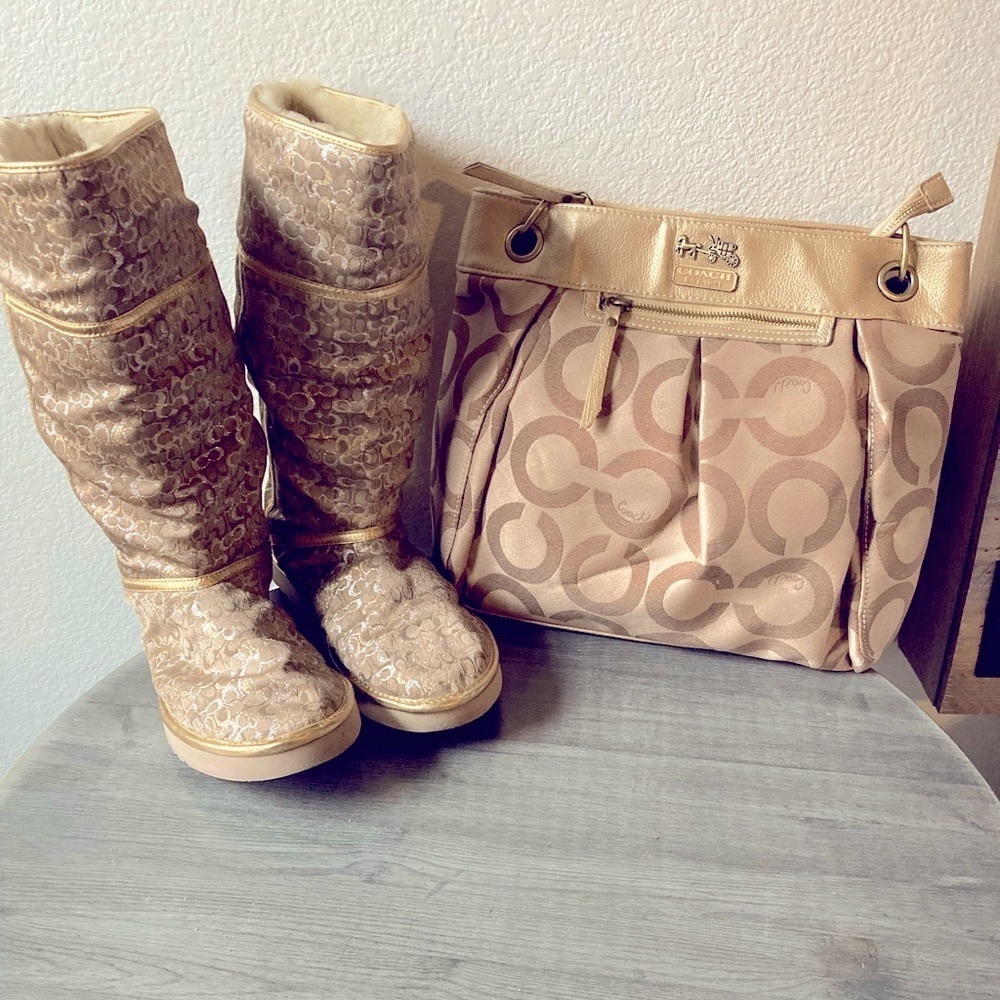 Coach shimmering golden boots with cute, matching purse